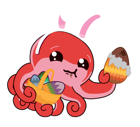 Octo cosplaying as the Easter bunny, holding out a chocolate egg