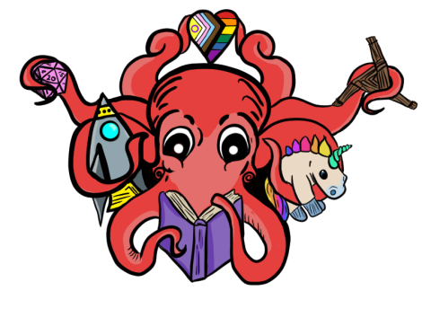 Octo reading a book and holding a spaceship, D20 die, LGBTQIA+ heart, three-legged Brigid's Cross, and plush unicorn 