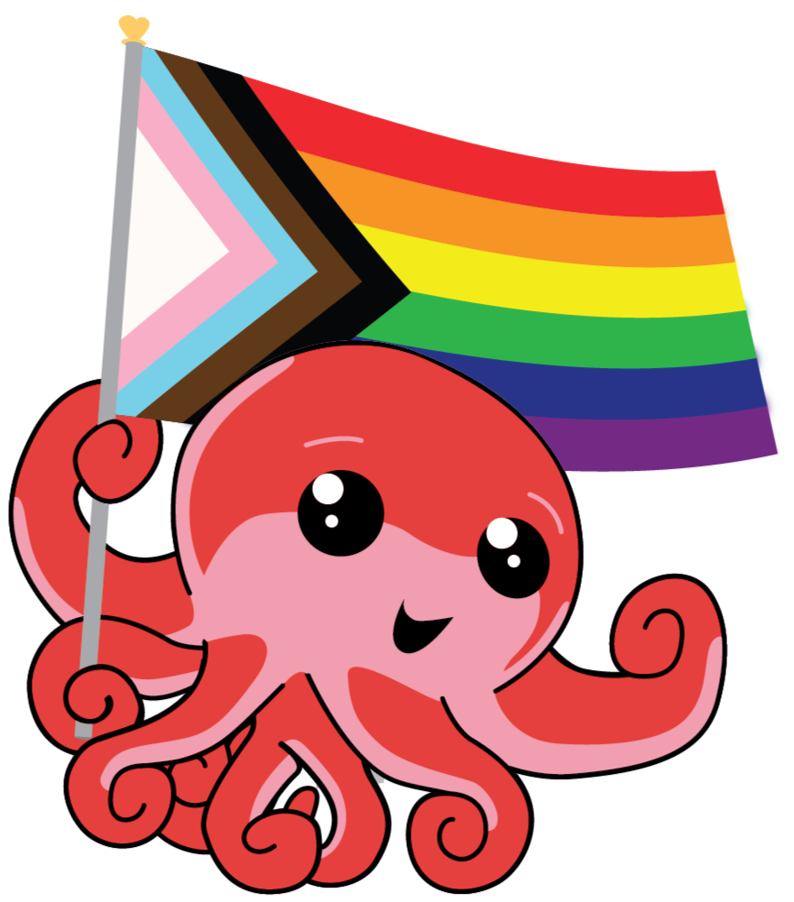 Octo waving a progress Pride flag
