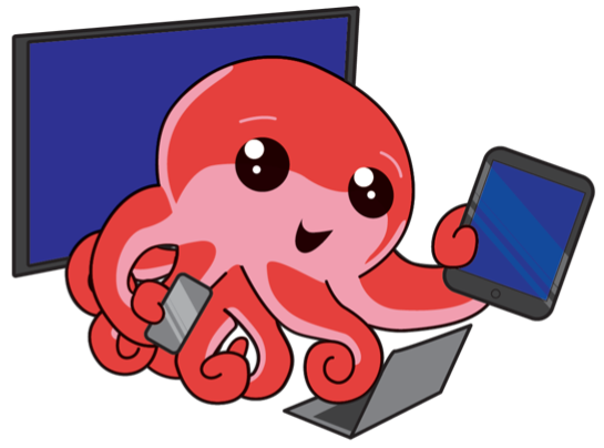 Octo sits in front of a laptop with a monitor at their back. They are holding a phone and a tablet.