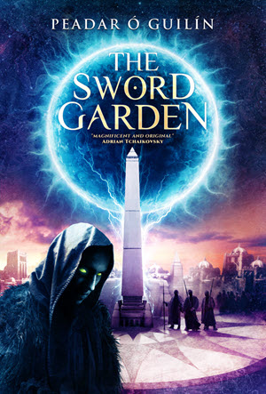 Cover of the book The Sword Garden. An obelisk is surrounded by dark figures and crowned by a ring of flared bright blue light. There is another hooded figure in the foreground with glowing eyes.