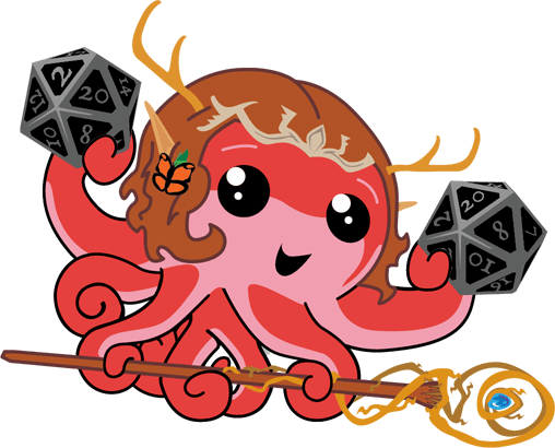 Octo as a wizard carrying two D20s and a magic staff