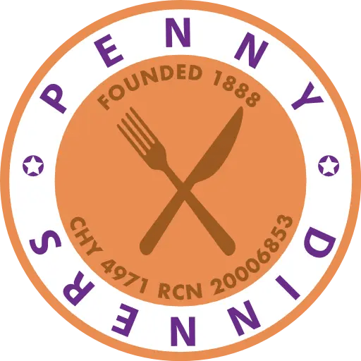 Cork Penny Dinners logo: the words Penny Dinners encircle a crossed knife and fork design